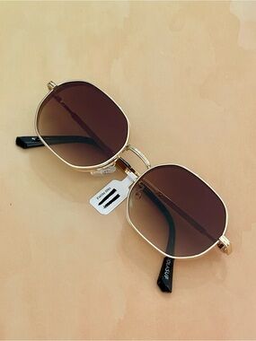 Free People Gold Doble Frame Brown Lens Square-Rounded Sunglasses